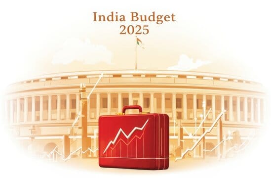 An artistic representation of the India Budget 2025. The image features the Indian Parliament building in the background with an upward-trending stock market graph overlaid. In the foreground, a red briefcase with a financial growth chart symbolizes the budget presentation. The Indian flag flies atop the Parliament, emphasizing the national significance of the event.