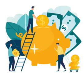 An illustration of people contributing money to a large golden piggy bank, symbolizing saving and investing. One person climbs a ladder to deposit a coin, another carries a bag of money, and a third pulls a cart with stacked coins. Large dollar bills are shown in the background, emphasizing financial growth and wealth accumulation.