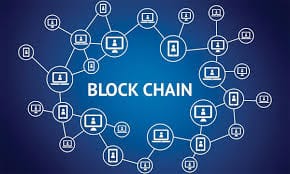  A digital graphic representation of blockchain technology, showing a decentralized network of interconnected nodes with small computer icons linked together, symbolizing distributed ledger systems and data security.